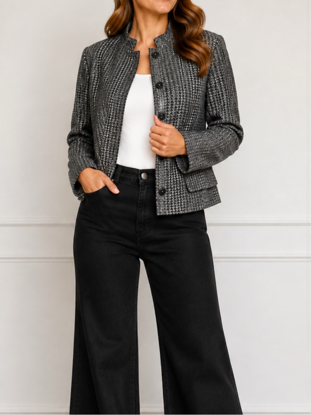 Coldwater Creek Gray Metallic Houndstooth Jacket 14